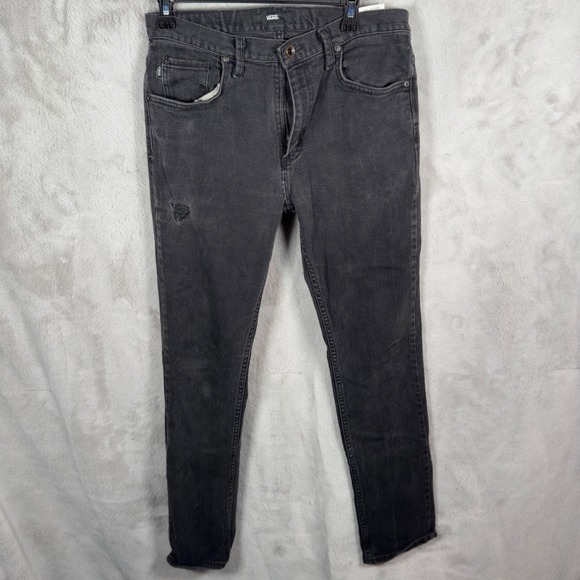 Vans Off The Wall Mens Jeans 32x32 Black Straight Leg Distressed Zip Fly‎ - Picture 2 of 7